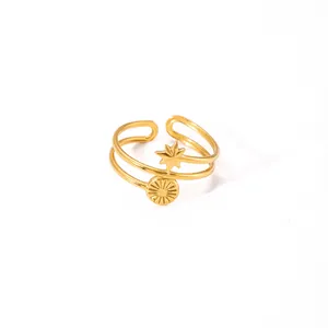 Gold plated stainless steel double-layer open ring featuring starburst and sun motifs