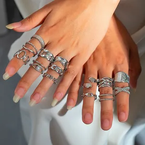Minimalist stainless steel open ring set with various vintage palm lines and hollow designs