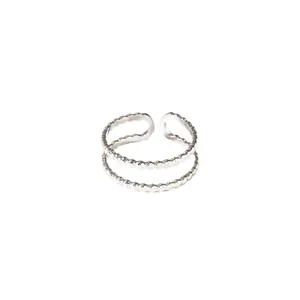 Minimalist adjustable beaded stainless steel double layer ring in silver finish
