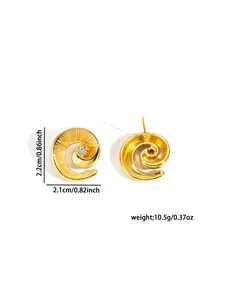 Detail view of gold spiral earrings with clear crystal studs and size specifications