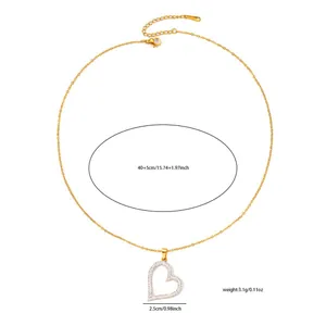 Gold-plated stainless steel heart necklace with cubic zirconia and size specifications