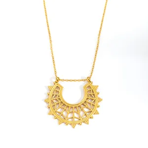 Elegant gold bow necklace with a hollow moon pendant and pearl detail in titanium steel