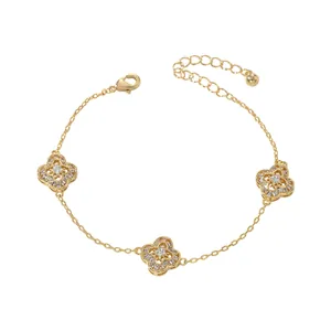 Bracciale a quadrifoglio placcato oro con zirconi brillanti e catenina regolabile da donna