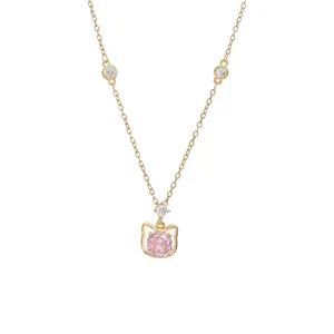Squisita collana placcata in oro 18K con ciondolo a gatto e pietra in zircone rosa