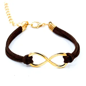 Brown braided rope bracelet featuring a golden infinity symbol and adjustable lobster clasp