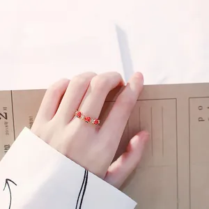 Cute Korean style strawberry gold ring with red enamel and sparkling crystal details