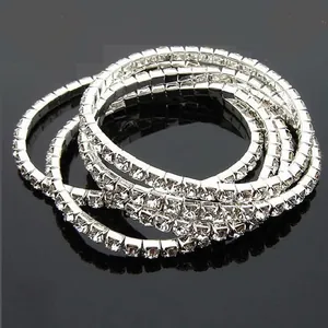 Elegant Alloy Silver Plated Full Rhinestone Elastic Tennis Bracelet Multi-Row Stretch Bangle Wedding Party Jewelry Gift