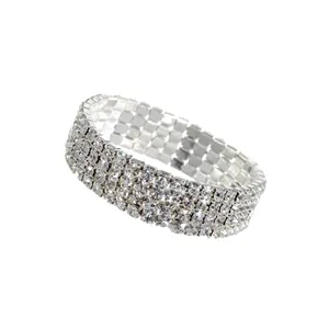 Sparkling four-row rhinestone elastic bracelet with silver alloy base for women
