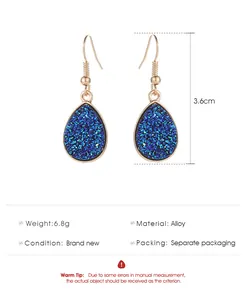 Detail showing 3.6cm droplet earrings with blue crystal clusters and gold alloy hooks