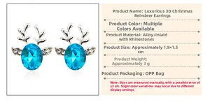 Vue détaillée des boucles d'oreilles renne argenté avec pierre bleue et strass, 1,9x1,5cm