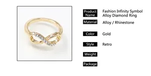 Macro shot of gold infinity ring with diamond accents and product specifications table