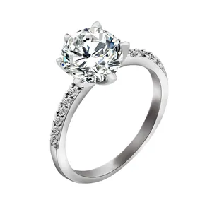 Bague solitaire classique à six griffes avec zircon brillant et pierres d'accentuation