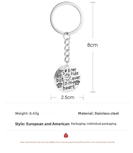 Detail view of pet memorial keychain with engraved heart message and sizing dimensions