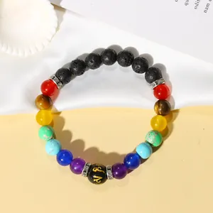 Ethnic 7 chakra lava stone bracelet with engraved mantra bead and crystal spacers