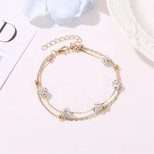 Women Minimalist Double Layer Anklet Alloy Copper Rhinestone Shamballa Crystal Ball Beads Adjustable Summer Beach Jewelry