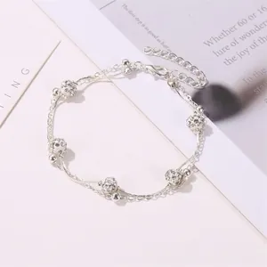 Elegant double-layer silver anklet with sparkling crystal balls and adjustable lobster clasp
