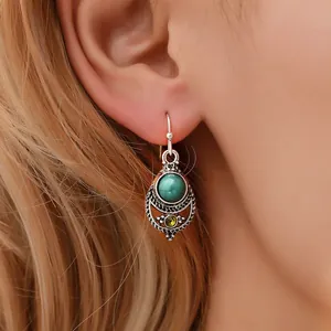 Böhmische Retro Legierung Hohle Blume Ohrhänger Für Damen Künstlicher Türkis Strass Edelstahl Haken Ohrring