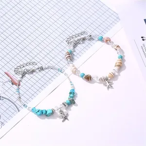 Set de tobilleras bohemias con dije de estrella de mar, cuentas turquesa y concha natural