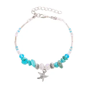 Bohemian blue turquoise starfish bracelet with natural stones and adjustable silver chain