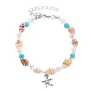 Tobillera bohemia con conchas naturales, cuentas turquesas y dije de estrella de mar