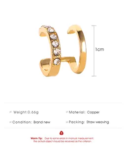 Detail view of gold double layer C-shaped ear cuff with rhinestones and size specifications