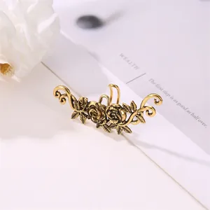 Vintage gold ethnic ear cuff with intricate rose flower and leaf filigree design