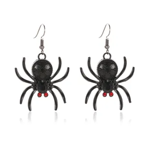 Gothic black spider earrings with red rhinestone eyes and silver fishhook wires