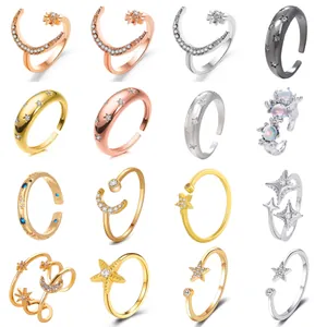 Anello Aperto in Lega a Forma di Stella e Luna per Donna Regolabile con Strass Gioielli da Dito Celesti Anelli Oro Argento Oro Rosa
