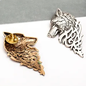 Retro wolf head lapel pins in antique silver and bronze for men's formal suit jacket