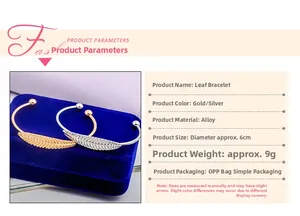 Dettagli dei bracciali a foglia in oro e argento con specifiche di misura e peso