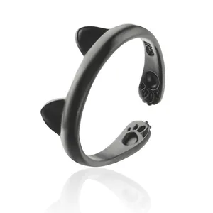 Verstellbarer mattschwarzer Katzenpfoten Ring mit Katzenohren Design aus S925 Sterlingsilber