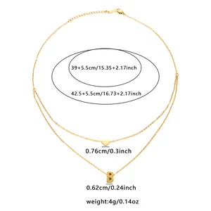 Detailed size specifications of gold double layer necklace with heart and B letter charms