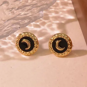 French vintage stainless steel gold moon earrings with black enamel disc detail