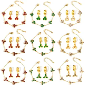 Set Gioielli Moda in Acciaio Inossidabile Zirconia Bracciale Trifoglio Orecchini a Cerchio per Donna Gioielli Cuore Fiore Placcati Oro