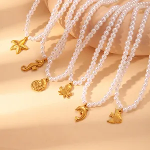 Ozean-Stil Edelstahl Kunstperle Halskette Mit Delfin Muschel Seestern Seepferdchen Anhänger Sommerurlaub Schmuck Für Damen