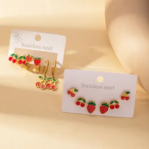 Stainless Steel Fruit Earrings Sweet Strawberry Cherry Enamel Drip Oil Stud Dangle Earrings For Women Fashion Jewelry
