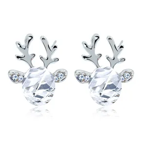 Elegant silver reindeer stud earrings featuring oval zircon stones and pearl accents