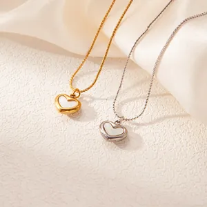 Collier Pendentif Cœur en Acier Inoxydable Minimaliste pour Femme Plaqué Or Argent Incrusté de Coquillage Bijoux Chaîne de Clavicule