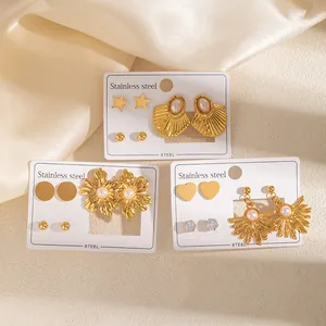 French style 18k gold plated stainless steel earring sets with pearls and floral motifs