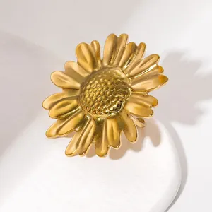 Detailed macro view of 18k gold-plated sunflower ring showing petal texture and matte finish