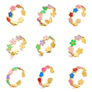 Anillo Abierto de Acero Inoxidable para Mujer Esmalte de Colores Flor Mariposa Corazón Joyería de Moda Regalo Dulce