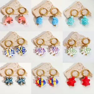 Ocean Marine Starfish Dolphin Fish Hoop Earrings Stainless Steel Gold Plated Ceramic-Look Pendants Jewelry For Women