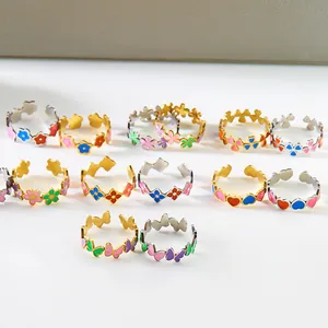 Anillos ajustables de acero inoxidable con flores y mariposas de esmalte coloridos
