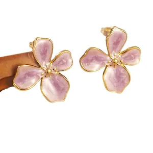 Vintage stainless steel cherry blossom earrings with purple enamel and gold finish