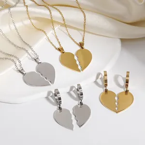 Minimalista Acero Inoxidable Corazón Rompecabezas Collar Pendientes Para Parejas Combinación Costura Juego de Joyas No Se Desvanece Oro Plata