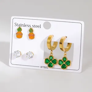 Stainless steel earring set with pineapple studs, zircon pins and clover heart charms