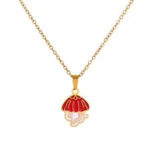 Gold stainless steel necklace featuring a cute red jellyfish pendant on O-chain