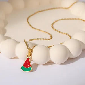 Golden stainless steel necklace featuring a colorful watermelon enamel pendant charm