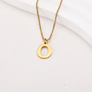 Gold plated stainless steel necklace featuring a polished letter O pendant on a box chain