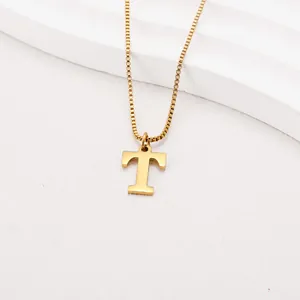 Elegant gold-plated stainless steel box chain necklace featuring a capital letter T pendant